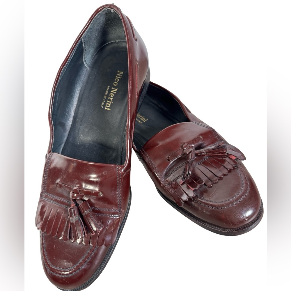 Vintage Italian Loafers Mens 9 Oxblood Burgundy Red Kiltie Tassel Leather Gloss